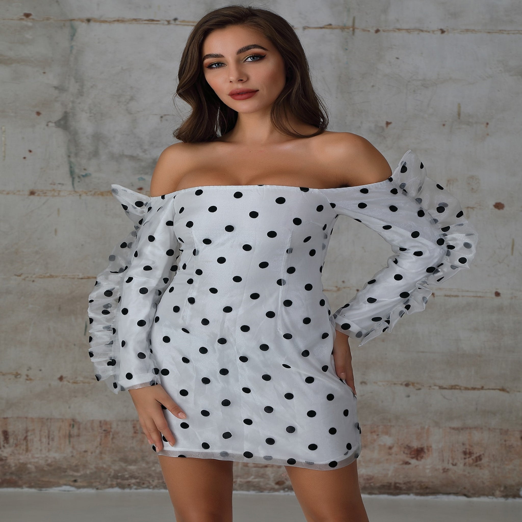 Off Shoulder Exaggerated Ruffle Polka Dot Organza Dress