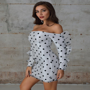 Off Shoulder Exaggerated Ruffle Polka Dot Organza Dress