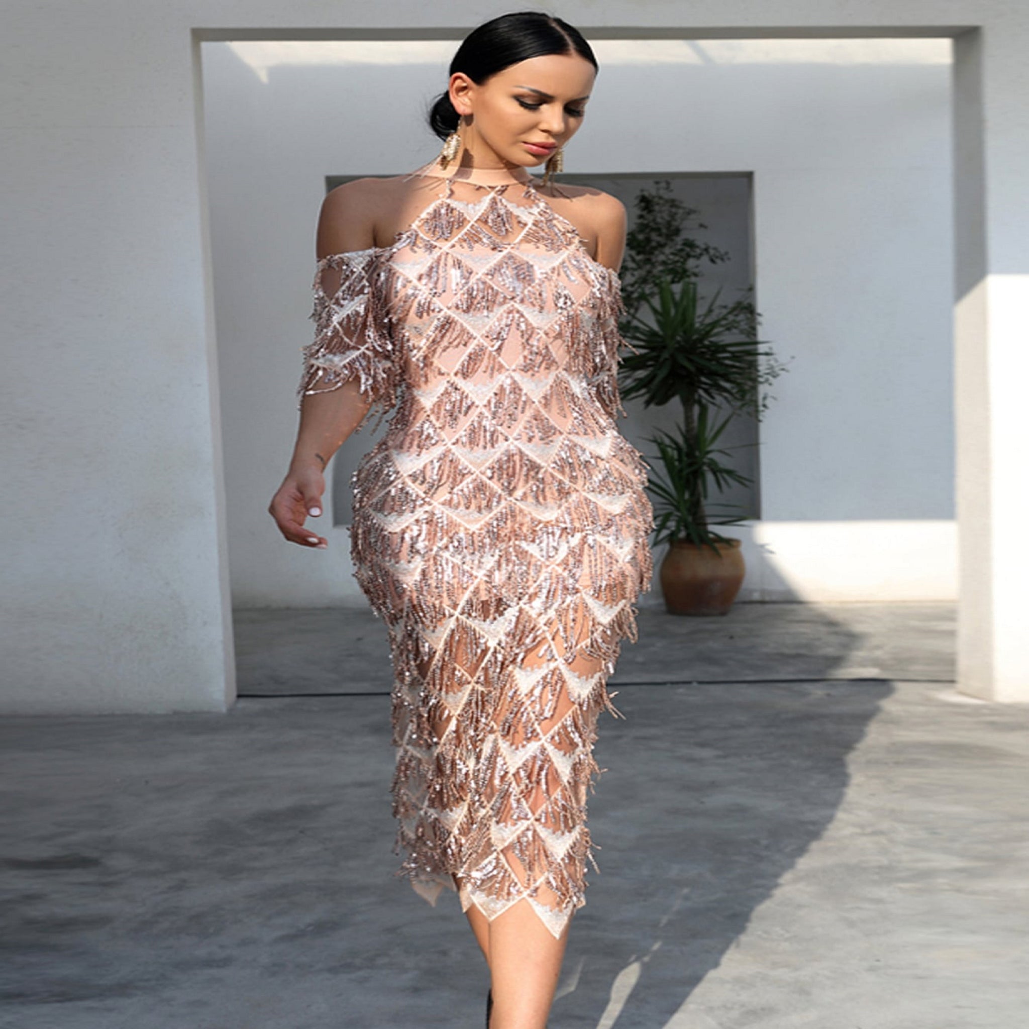 halter cold shoulder dress Women's June Halter Cold Shoulder Sleeved Twill Ankle Length Dress XS/S/M/L/XL Black/Beige MEAN BLVD Black / M