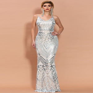 Backless Damask Sequin Bodycon Prom Dress