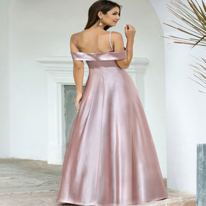 Cold Shoulder Pleated Detail Satin Prom Dress