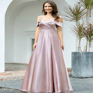 Cold Shoulder Pleated Detail Satin Prom Dress