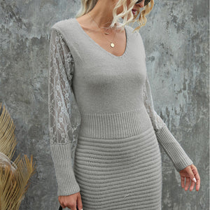 Lace Sleeve Patchwork Sweater Mini Dress