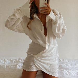 Long Sleeve White Shirt Sexy Deep V Women Clothing Popular Linen Dress