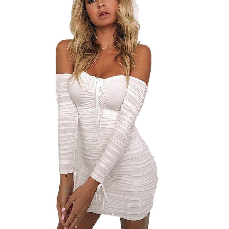 Women Sexy Wrapped Chest off-Neck Long Sleeve Sexy Pleated Dress