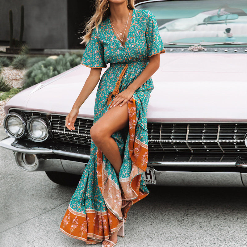 Simplee Bohemian Print Summer Dress Women Short Sleeve Ruffled Long Ma – Global Fashions GC