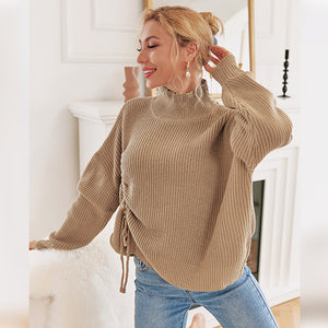 Office  Women Knit Sweater Winter Casual Oversized Shirring Pullover Brown Elegant Long Sleeve Winter Jumper