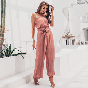 Simplee Off Shoulder Sexy Jumpsuit Women Elegant Sashes Jumpsuit Long Rompers Summer Solid Leopard Print Overalls Playsuit