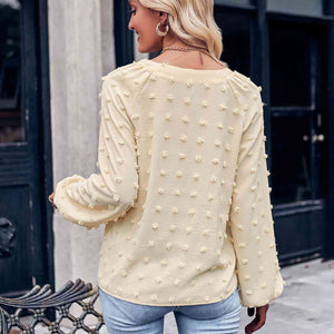 Swiss Dot Notched Neck Long Sleeve Blouse