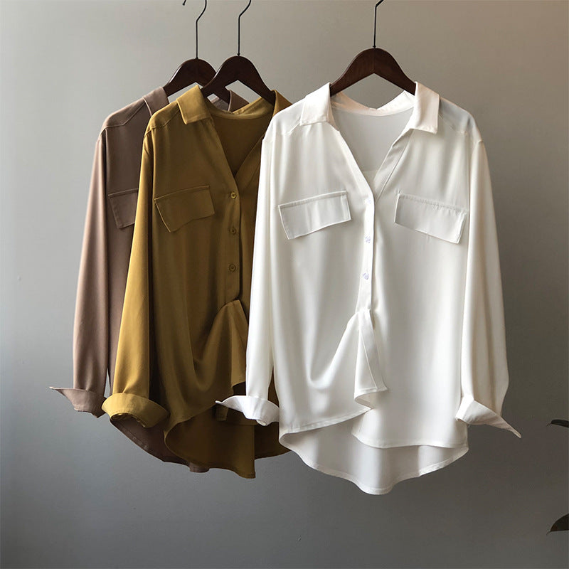 2022 Spring New Korean Style Retro Simple Shirt Women  Solid Color Elegant Slim-Fit Long Sleeves Shirt Women