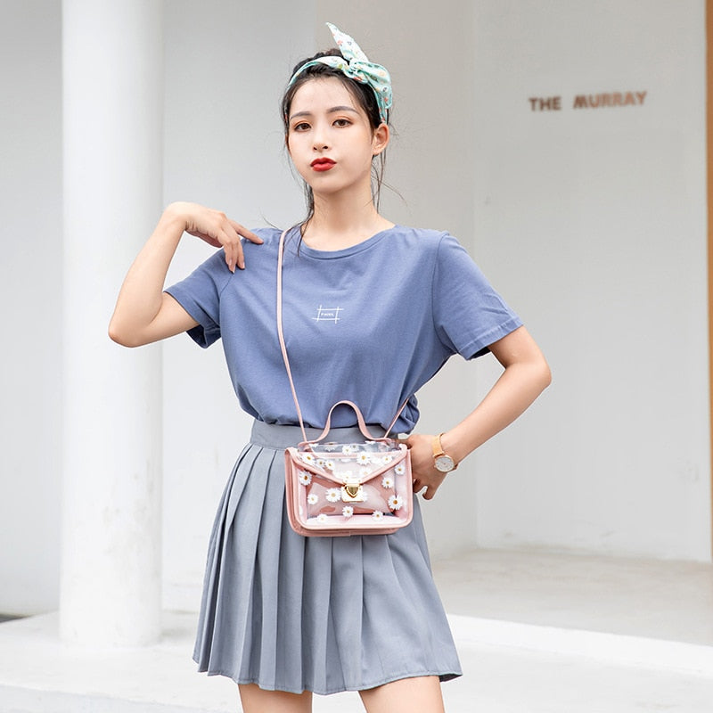 2020 Fashion Women Transparent Daisy Pattern Shoulder Bag Hardware Chain Strap Color Block Messenger Handbag Composite Tote
