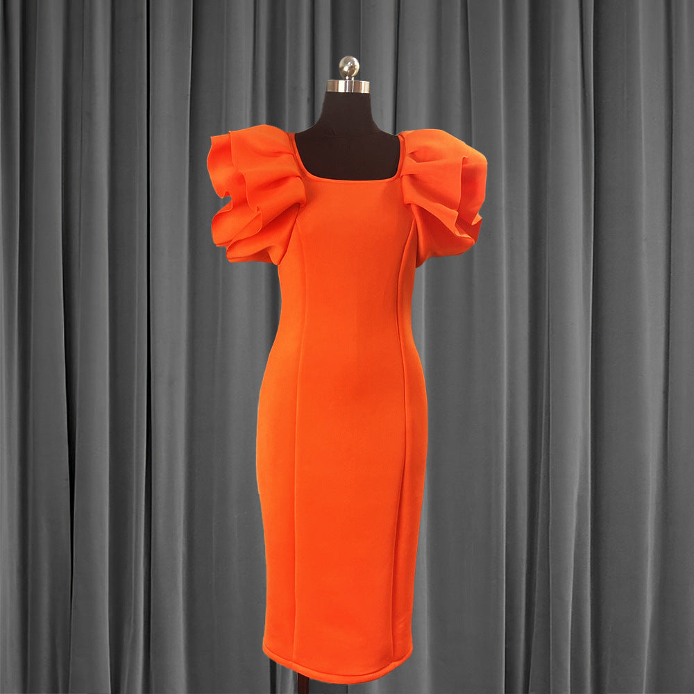 Women Elegant Dress with High Waist Plus Size Sleeves with Wooden Ears Orange Party Banquet
