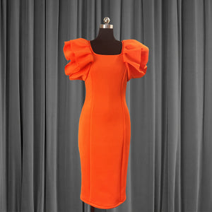 Women Elegant Dress with High Waist Plus Size Sleeves with Wooden Ears Orange Party Banquet