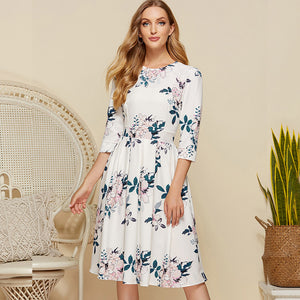 2021  Spring and Summer New Women Dress Elegant Floral round Neck A- line Skirt