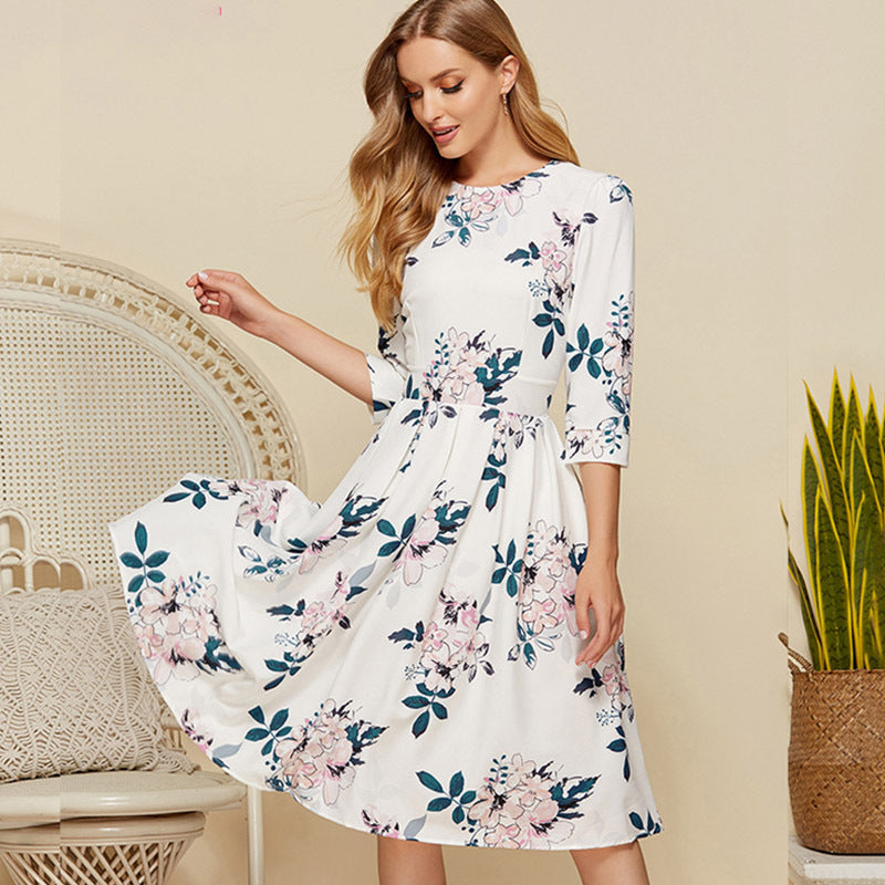 2021  Spring and Summer New Women Dress Elegant Floral round Neck A- line Skirt