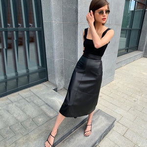 Autumn Winter New Women Solid Color Straight Office Slim Fit Skirt Elegant High Waist Leather Skirt Fashion Casual Skirt