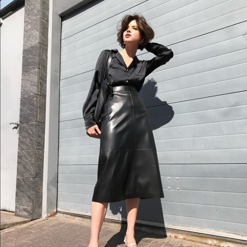 Autumn Winter New Women Solid Color Straight Office Slim Fit Skirt Elegant High Waist Leather Skirt Fashion Casual Skirt