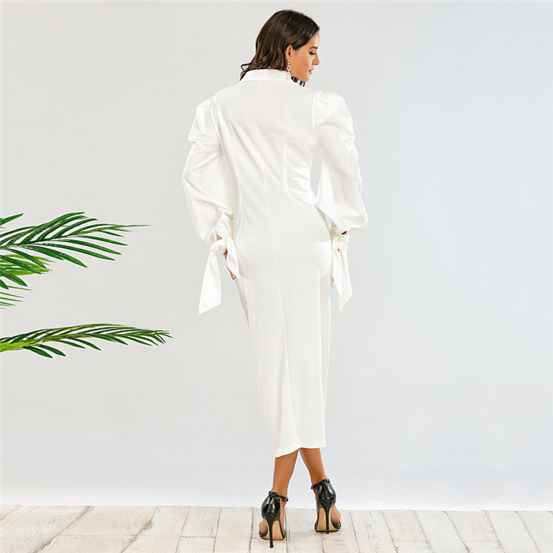 Elegant Elegant Bubble Sleeve Tight Waist Single-Breasted Slim-Fit Fashionable V-neck Dress