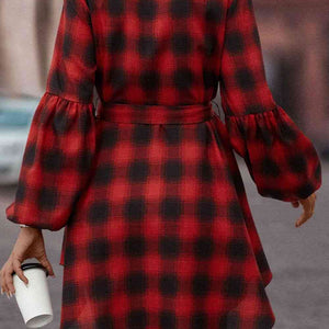 Plaid Tie Waist Balloon Sleeve Mini Dress