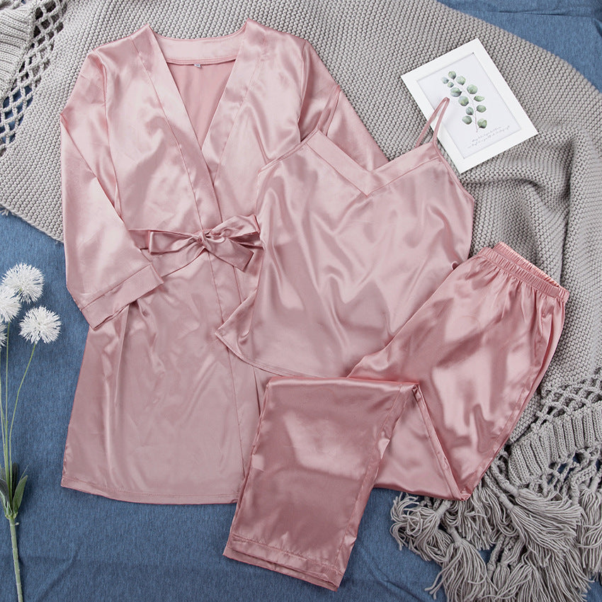Autumn Winter New Satin Pink Simple Pajamas Suit Women Nightgown Pajama Pants Artificial Silk Home Wear Three-piece Suit
