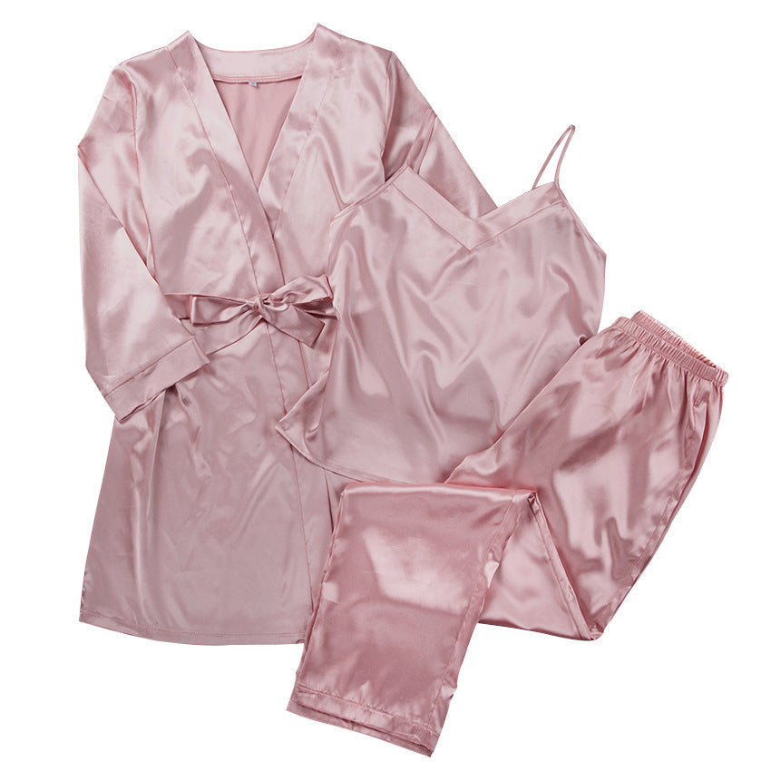 Autumn Winter New Satin Pink Simple Pajamas Suit Women Nightgown Pajama Pants Artificial Silk Home Wear Three-piece Suit