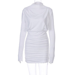 Spring Summer Popular Products Pleated Half Stand round-Neck Long-Sleeved Dress