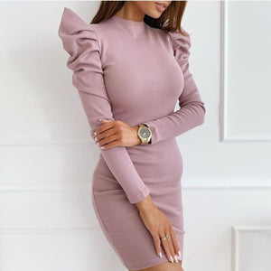 Autumn Winter Hot-sale Women Clothing Round Neck Puff Sleeve Solid Color Slim Sexy Dress