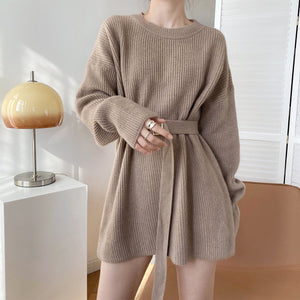 Mid Length Autumn and Winter Dress Sweater Pullover Thickened Lazy Waist-Tight round Neck Base Knitted Dress