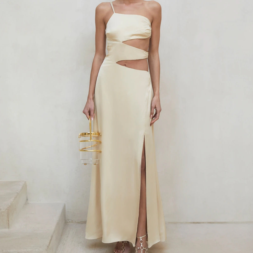 Women Clothing Sexy One-Shoulder Spaghetti Straps Chest Wrap Maxi Dress Tight Waist Split Elegant Dress
