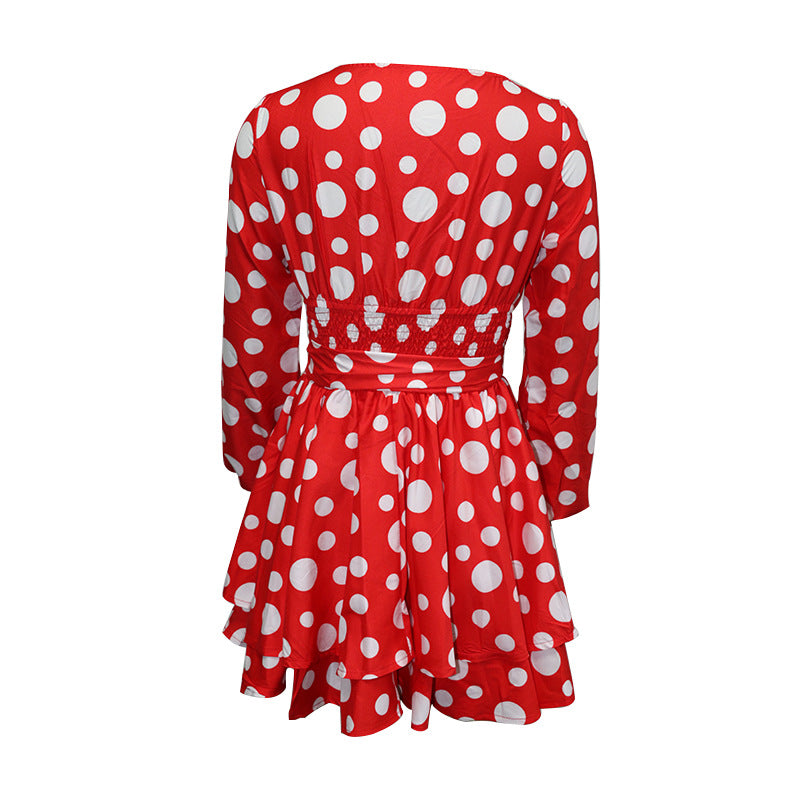 Autumn Winter New Waist-Tight V-Collar Polka Dot Elegant Mini  Style Dress