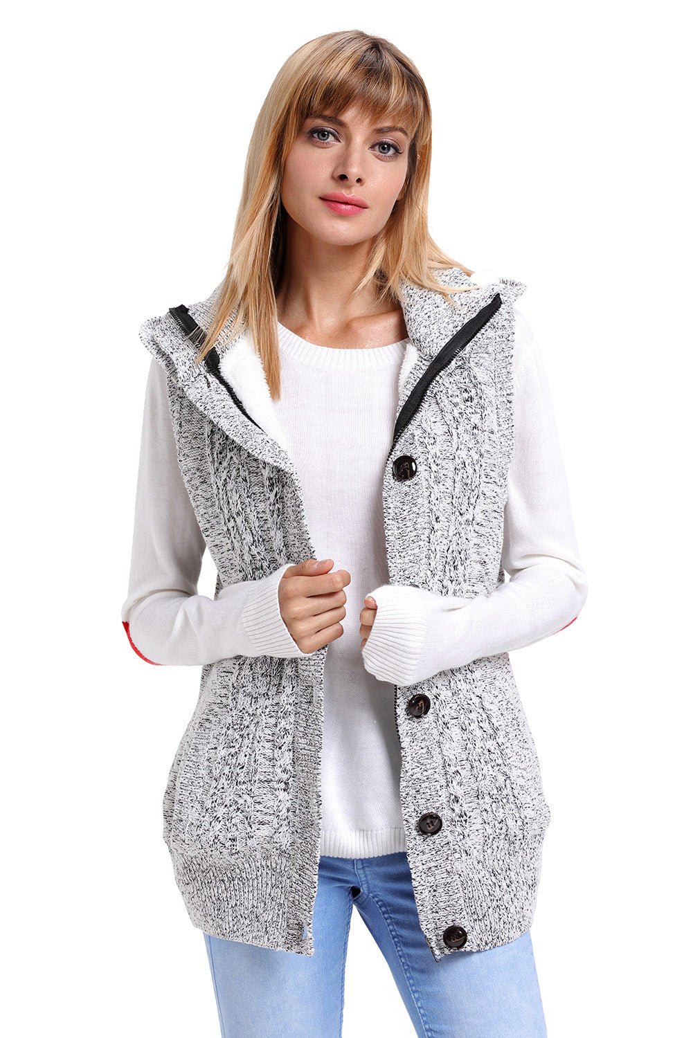 Heather Grey Cable Knit Hooded Sweater Vest