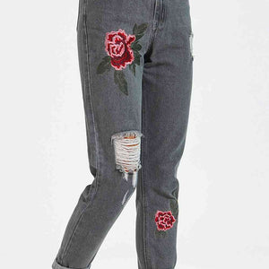 Flower Embroidery Distressed Jeans