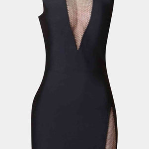 Rhinestone Detail Spliced Mesh Sleeveless Dress