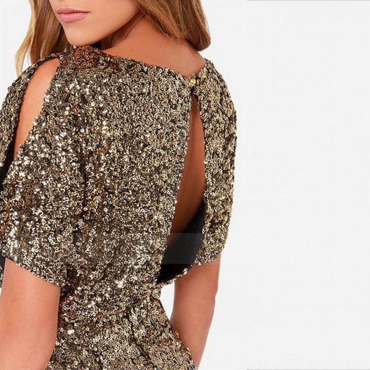 Gold Sequined Slim Fit Slimming and Shoulder Hollow Sheath Dress Sexy Nightclub Split Backless Short Evening Dress Women