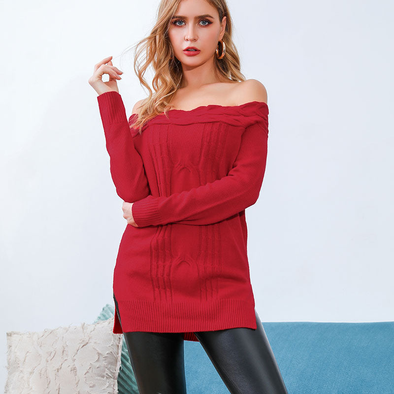 Glamaker Red Sweater Female Off Shoulder Knitted Sweater Winter Women Sweater Pullover Split Long Pull Femme Elegant Jumper