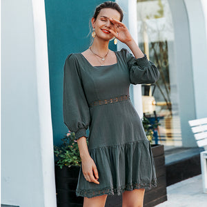 Simplee A-line Hollow Out Women Dress Elegant Ruffled Lantern Sleeve Female Cotton Dress Autumn Casual Ladies Short Party Dress