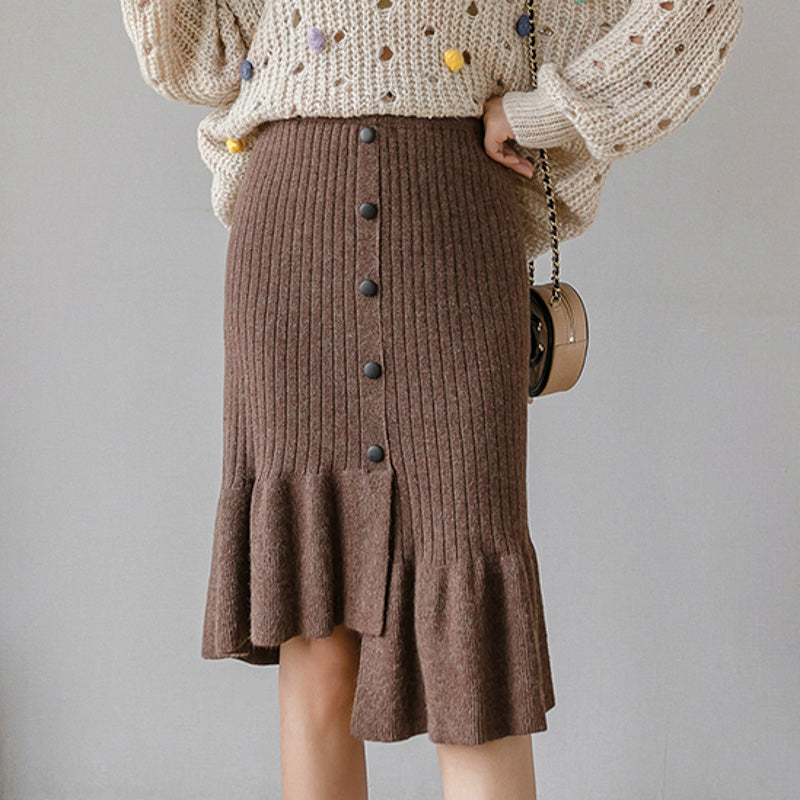 Simplee Elegant Women Knitted Sweater Skirt Bodycon Ruffled Female Autumn Winter Female Memaid Skirt Sexy Ladies Sweater Skirt
