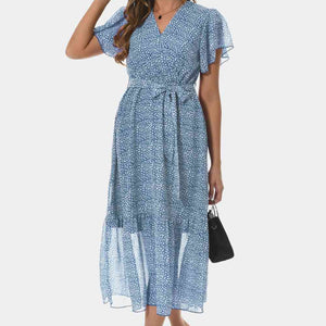 Surplice Neck Flutter Sleeve Tied Dress