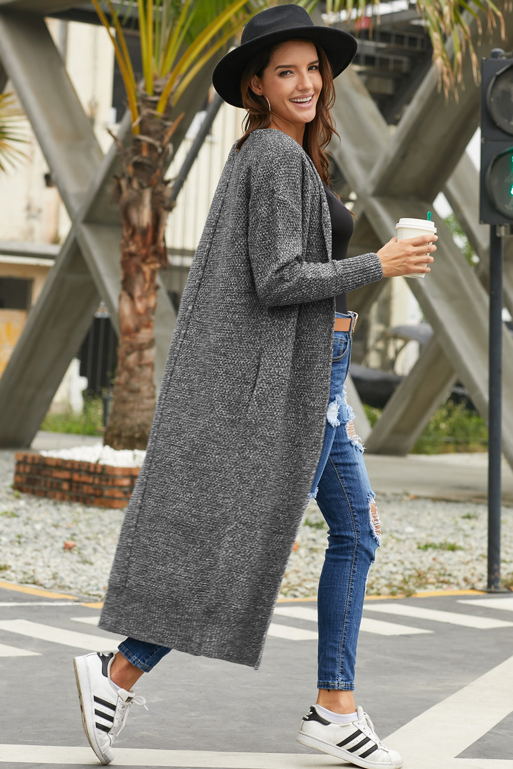 Open Front Knit Long Cardigan