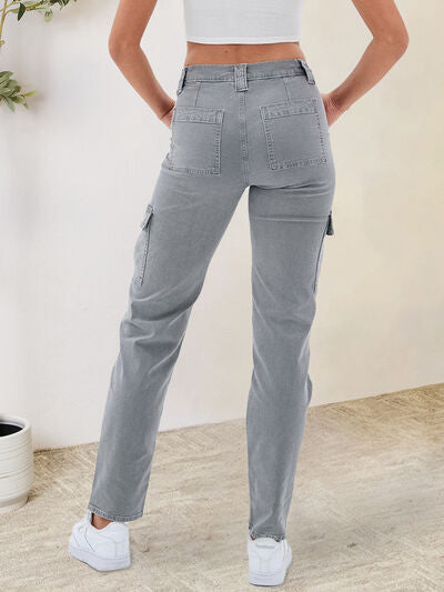 Buttoned Straight Jeans with Cargo Pockets