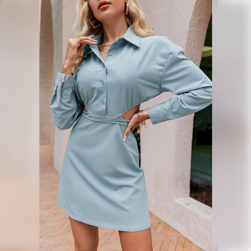 Vintage Hollow Out Lace Up Buttons Mini Dresses Women Office A-Line Long Sleeves Lapel Blue Dress Female Slim Vestidos