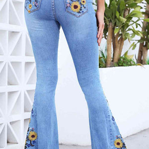Full Size Flower Embroidery Distressed Wide Leg Jeans
