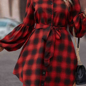 Plaid Tie Waist Balloon Sleeve Mini Dress