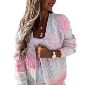 Gradient Open Front Colorblock Tie-dye Cardigan