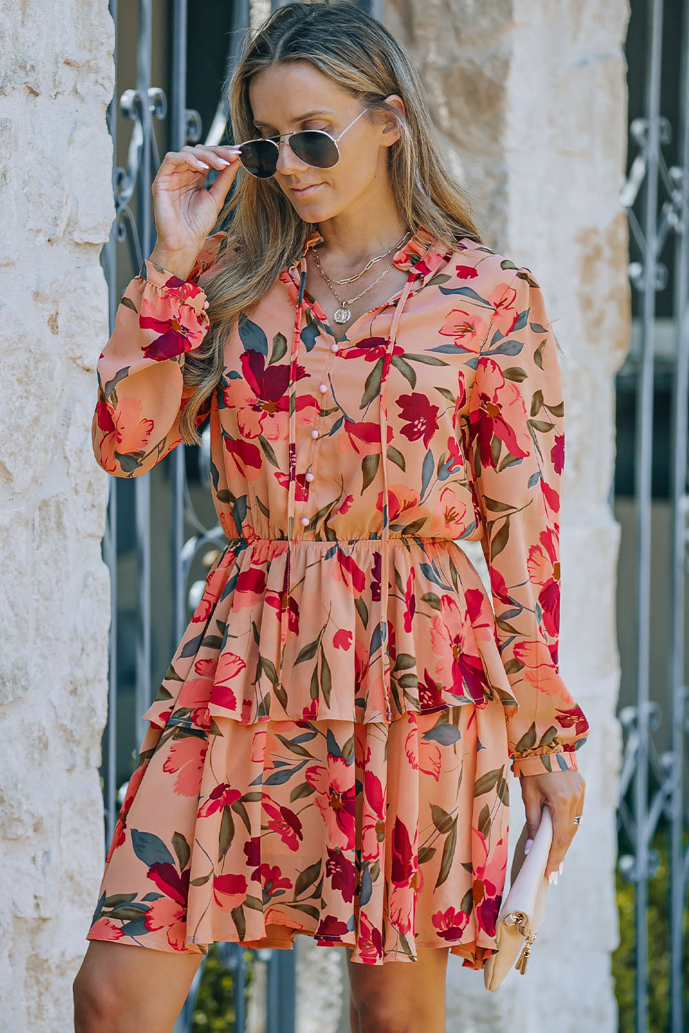Frilled Collar Long Sleeve Floral Dress with Ruffle