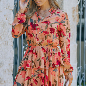 Frilled Collar Long Sleeve Floral Dress with Ruffle