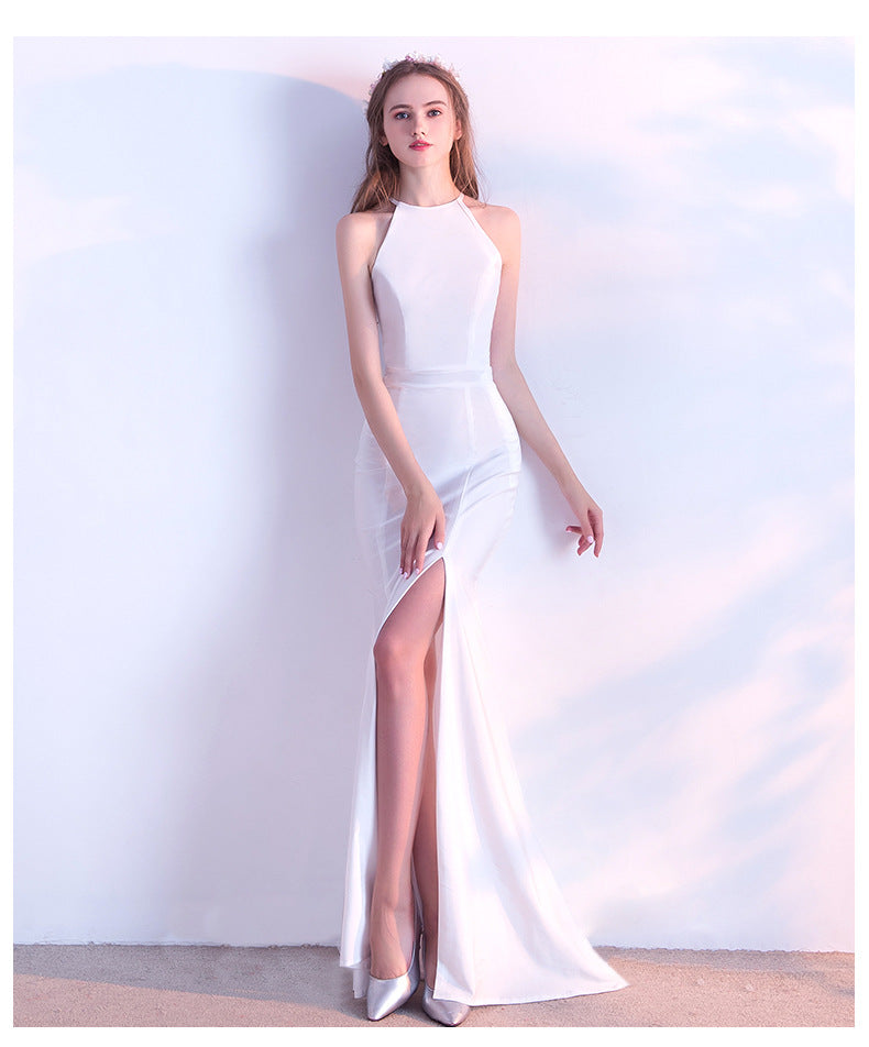 Bridal Toast Dress 2021 New Fashion Long Red Fishtail Halter Wedding Banquet Evening Dress