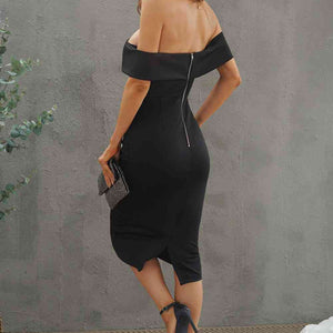 Off-Shoulder Zip-Back Slit Dress