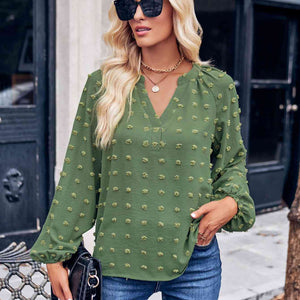 Swiss Dot Notched Neck Long Sleeve Blouse