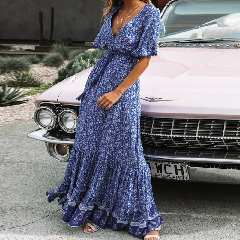 Simplee Bohemian Print Summer Dress Women Short Sleeve Ruffled Long Ma Global Fashions GC Simplee Bohemian Print Summer Dress Women Short Sleeve Ruffled Long Ma Global Fashions GC